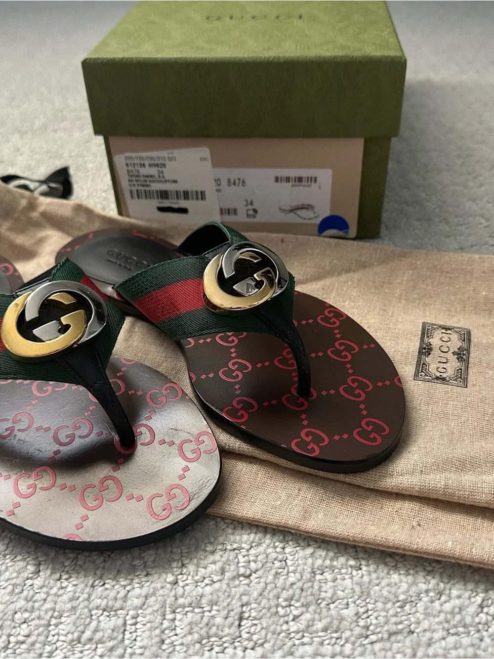 Gucci Green & Red Web Leather GG Logo Thong Sandals